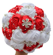 Load image into Gallery viewer, Bride flower with red white satin roses