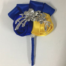 Load image into Gallery viewer, Royal Blue Yellow Satin Rose Boutonniere